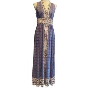 Stitch Fix Wisp Maxi Dress Blue Border Print V-Neck Boho Sleeveless Size 2P